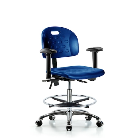 Blue Ridge Ergonomics Poly Chair Chrome, Med Bench, Tilt, Arms, Foot Ring, Casters, Blue BR-HPMBCH-CR-T1-A1-CF-CC-BLU