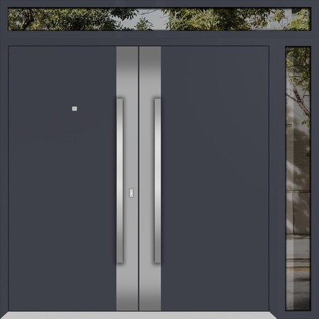 Vdomdoors Metal Double Doors Deux 0729 Gray Graphite Stainless Steel insert 1 Sidelight and Top Transom Entry DEUX0729DEXD-GRE-W72+14xH80+12-RH-O