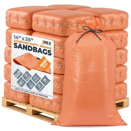 Jrex Safety Woven Orange Polypropylene Sandbags - 14 x 26 in, 50 lb Capacity, Pallet (15,000) SBO-JR-1426-FP15000