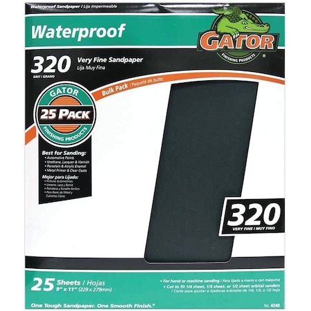 Ali Gator 4240 Sanding Sheet, 11 in L, 9 in W, Very Fine, 320 Grit, Silicon Carbide Abrasive, Paper Backing 3282