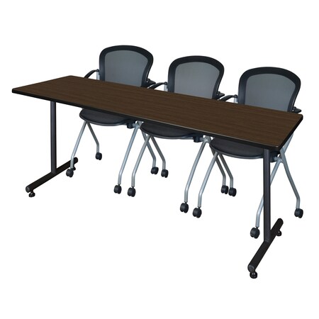 Regency Kobe T-Base Training Seminar Table W/ 2 Cadence Stack Chairs, 84 in W, 24 in L, Neo Walnut MKTRCT8424NW23BK