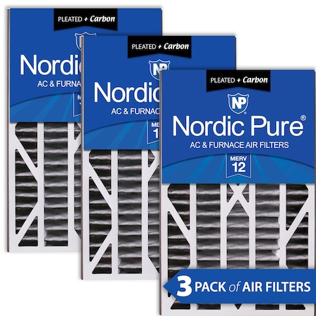 Nordic Pure 16x25x3 Plus Carbon Pleated Air Filter, High Capacity, MERV 12, 3 PK 16x25x3ABPM12C-3