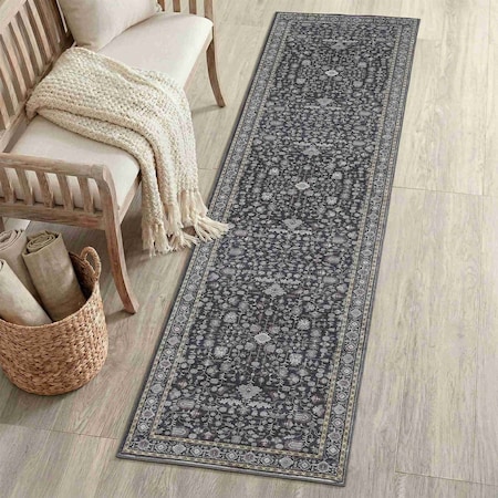 Jonathan Y Subtlety Medallion All-Over Floral Border Non-Slip Washable Charcoal/Ivory 2ft x 8ft Runner Rug WSH504F-28