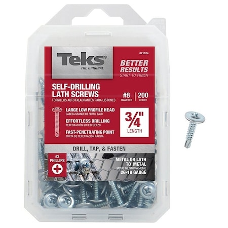 Teks Self-Drilling Screw, #8 x 3/4 in, Zinc Plated Steel Truss Head Phillips Drive 21524