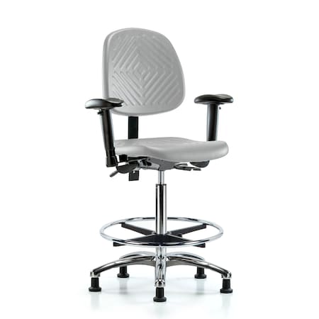 Blue Ridge Ergonomics Poly Chair Chrome-High Bench Ht with Med Back, Seat Tilt, Adj Arms, Chrome FR, &Stat Glides in Gray Poly PHBCH-MB-CR-T1-A1-CF-RG-GRY