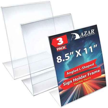 Azar Displays Angled L-Shaped Sign Holder 8.5" x 11", Flexible Plastic, 3PK 112430-3PK