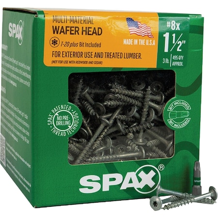 Spax No.8x1-1/2'' T20 Plus Wafer Head HCR-X, Exterior Rated Wood Screw 3 Lb., 495 Ct. 42816704004045
