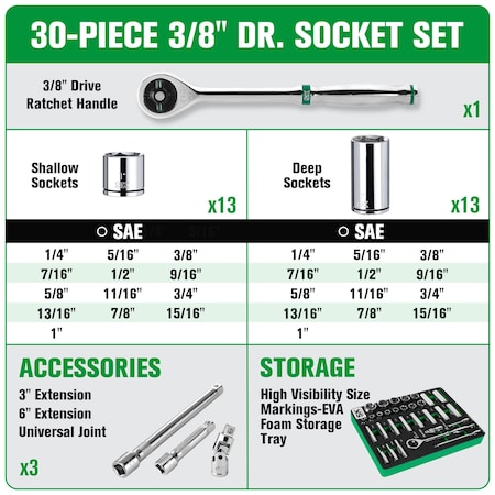 Sk Professional Tools Drive SAE Chrome Socket Set 3/8", 30 pc SK01309-216P