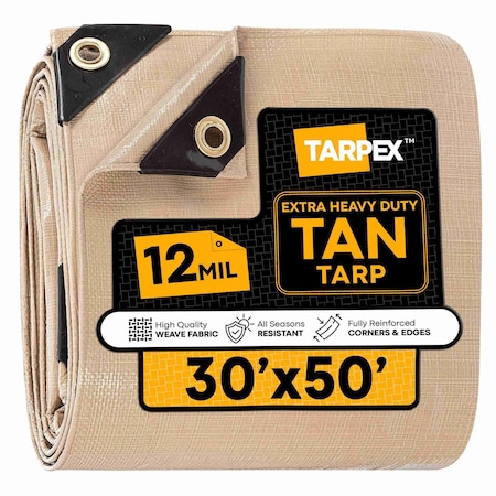 Tarpex Extra Heavy Duty Tarp, 50 ft x 50 ft, 12 Mil, Tan, Polyethylene THD-TA-3050