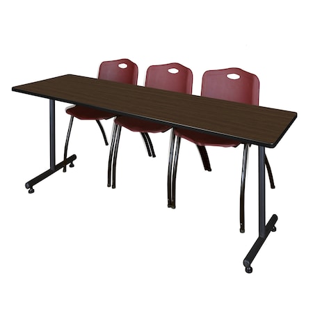 Regency Kobe T-Base Training Seminar Table W/ 2 M Stack Chairs, 84 in W, 24 in L, Neo Walnut MKTRCT8424NW47BY