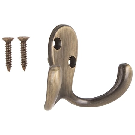 Prosource Coat and Hat Hook, 22 lb, 2-Hook, 7/8 in Opening, Zinc, Antique Brass 23263ABB3L-PS