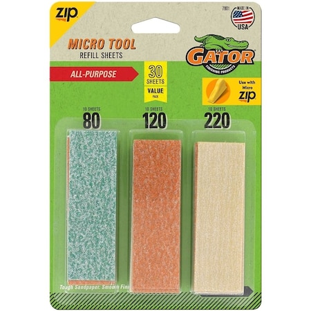 Gator MicroZip 7801 Refill Sheet, 312 in L, 1 in W, Extra Fine, Fine, Medium, 80 Grit 7801GA