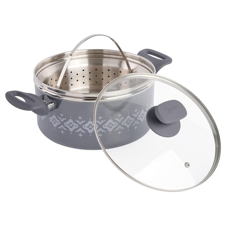 Spice By Tia Mowry Savory Saffron 5 Quart Nonstick Aluminum Dutch Oven with Lid and Steamer in Gray 96278.03RR