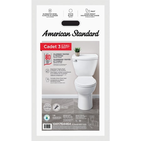 American Standard Cadet 3 10'' Rough-In Wht Chair Height Elongated Bowl 1.28 GPF Toilet 3378AB128ST.020