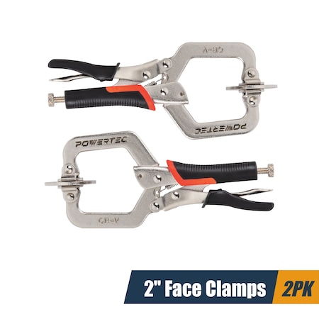 Powertec 2 Inch Face Clamps, C-Clamp with Ergonomic Grip and Adjustable Swivel Pads for Woodworking, 2PK 71641