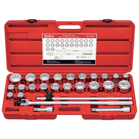 Genius Tools 26PC 3/4in Dr. Metric & SAE Hand Socket Set TW-626MS