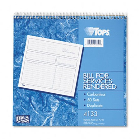 Tops Invoice Bill for Services  8-1/2 x 7-3/4  Carbonless Duplicate  50-Set Book 4133