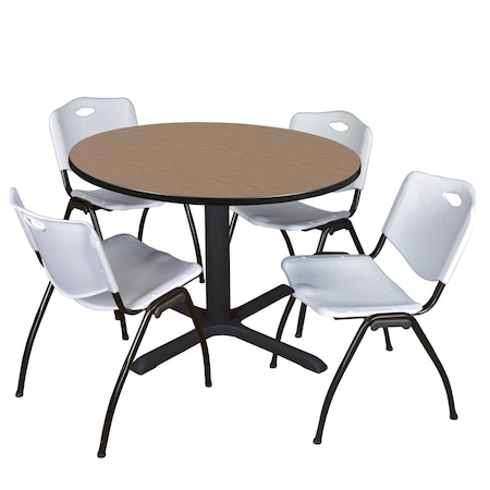 Regency Round Cain Breakroom Table W/ 4 M Stack Chairs, 48 in W, 48 in L, Noble Oak TB48RNDNO47GY