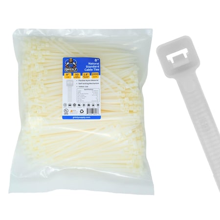 Grizzly Supply Cable Tie, 8 in L, 50 lb Strength, 2.2 in Max Bundle Dia, Nylon 6/6, Natural, 1000PK GS-S8-50-9M