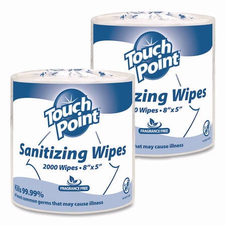Touch Point Hand Sanitizing Wipes Refill, 5 x 8, Fragrance Free, White, 2,000 Wipes/Roll, 2PK WS2000FF