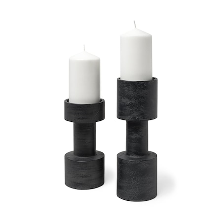 Homeroots Set of Two Black Distressed Metal Tabletop Pillar Candle Holders, 2PK 608562