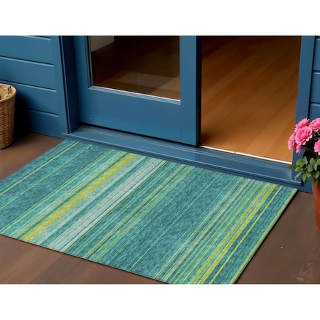 Homeroots 3' X 5' Teal Blue Lime Green And Turquoise Striped Washable Indoor Outdoor Area Rug 614839