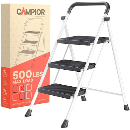 Campior White 3-Step Foldable Stool, Heavy-Duty, 500 lbs Capacity, Anti-Slip, Steel Frame, Space-Saving Design DRIB3STPWH