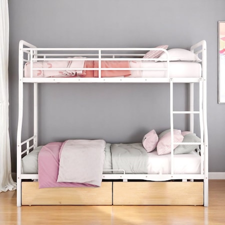 Homeroots White Full Over Queen Contemporary Metal Bunk Bed With Drawers 590300