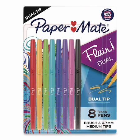 Paper Mate Flair Dual Porous Point Pen, Stick, Med 0.7mm Bullet, Pressure-Sensitive Brush, Assorted Colors, 8PK 2181604