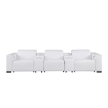Homeroots 136" White Top Grain Leather Reclining USB Sofa And Storage 720316