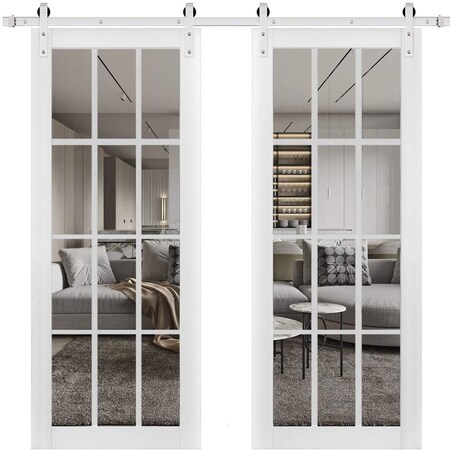 Sartodoors Sturdy Double Barn Door with Clear Glass 12 lites, Felicia 3355 Matte White, 13FT Rail Hangers Hea FELICIA3355DB-S-WS-6496