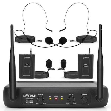 Pyle PyleDual Channel Wireless Microphone System - VHF Fixed Frequency, 2 Lavalier, 2 Headset Mics PDWM2145