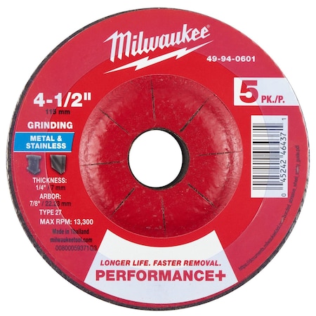 Milwaukee Tool Grinding Wheel, 4 1/2" dia., PK5 49-94-0601