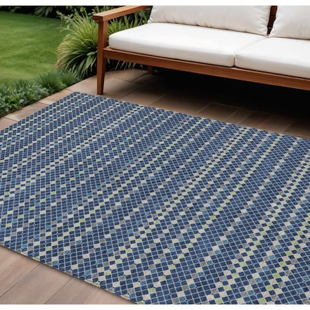 8' X 10' Navy Blue And Mint Green Striped Washable Indoor Outdoor Area Rug