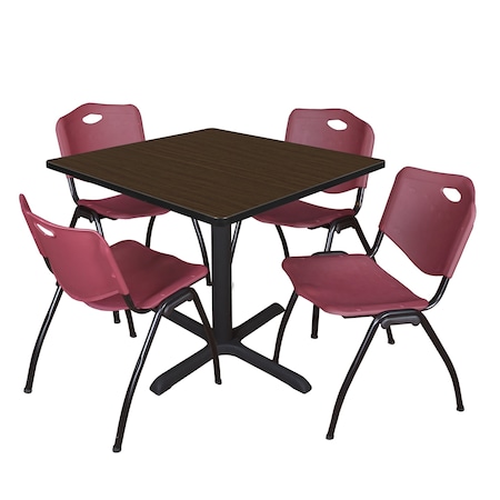 Regency Square Cain Breakroom Table W/ 4 M Stack Chairs, 36 in W, 36 in L, Neo Walnut TB3636NW47BY