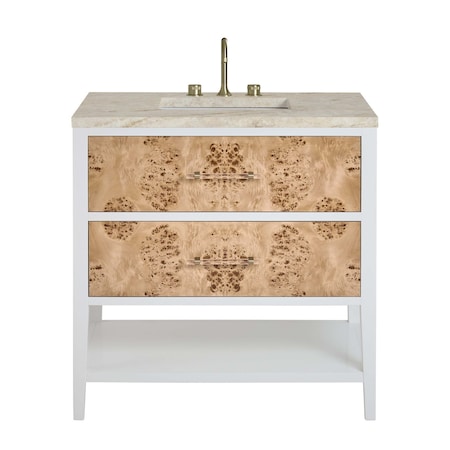 James Martin Vanities Olena 36" Single Vanity, Light Mappa Burl and Polished White, w/ 3 CM Tajnar Eclos Top D804-V36-LMB-3TJR