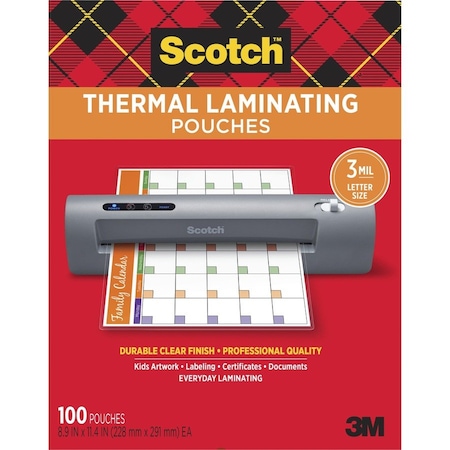 3M Scotch Letter Size Thermal Laminating Pouches, 3 mil, 11 1/2 x 9, 100 per Pack TP3854100