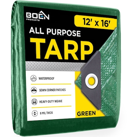Boen Standard Tarp, 12 ft x 16 ft, 8 Mil, Green, Polyethylene GT-1216