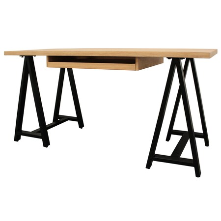 Homeroots 60" Natural and Black Solid Wood and Metal Trestle Executive Desk 608136