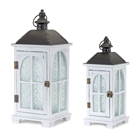 Homeroots Set of Two White And Black Distressed Ornate Glass Wood And Metal Floor Lantern Candle Holders, 2PK 517616