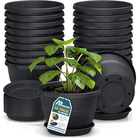 Lifemaster 10-Inch Whiskey Barrel Planters, Durable Plastic Pots with Drainage and Saucer, 20PK LMPBP20BLK20