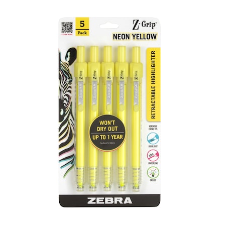 Zgrip Retractable Highlighter Neon Yellow, PK5 71255