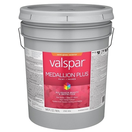 Valspar Medallion Plus 2600 Latex Paint, Acrylic Base, Semi-Gloss Sheen, White Base, 5 gal 028.0027000.008