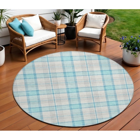 Homeroots 8' Aqua And Gray Round Plaid Washable Indoor Outdoor Area Rug 601316