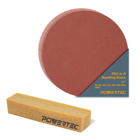Powertec 8in PSA Sanding Discs, Assorted 5 EA of 60/80/100/120/180/240 Grit, 30PK & Abrasive Cleaning Stick 110542N