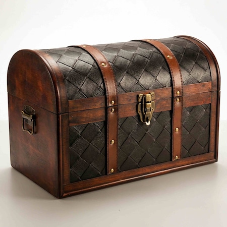 Vintiquewise Wooden Leather Round Top Treasure Chest, Decorative storage Trunk with Lockable Latch QI003016