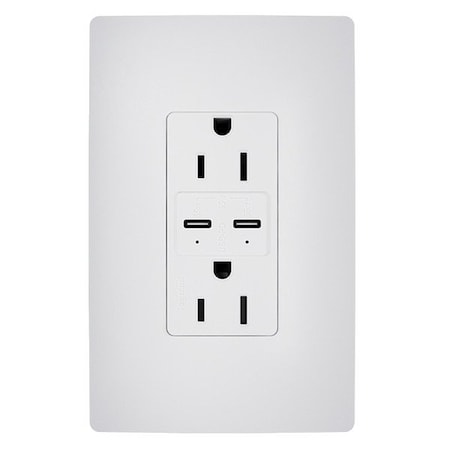 Legrand USB Receptacle, 15 A, White, Nylon R26USBPD65W