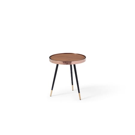 Homeroots 20" Walnut Black And Rose Gold Wood and Stainless Steel Round End Table 719956