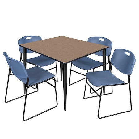 Regency Square Kahlo Breakroom Table W/ 4 Zeng Stack Chairs, 48 in W, 48 in L, Noble Oak TPL4848NOBK44BE