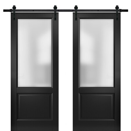 Sartodoors Sturdy Double Barn Door with, Lucia 22 Matte Black with Frosted Glass, 13FT Rail Hangers Heavy Set LUCIA22DB-BLK-8496